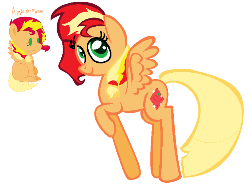 Size: 810x608 | Tagged: artist:helenqueenoftheworld, derpibooru import, magical lesbian spawn, oc, oc:appleshimmer, offspring, parent:applejack, parents:appleshimmer, parent:sunset shimmer, safe, simple background, unofficial characters only, white background