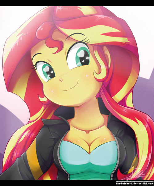 Size: 850x1022 | Tagged: safe, artist:the-butch-x, derpibooru import, sunset shimmer, equestria girls, beautiful, breasts, busty sunset shimmer, cleavage, clothes, cute, female, heart eyes, jacket, leather jacket, looking at you, shimmerbetes, signature, smiling, solo, sweet dreams fuel, wingding eyes