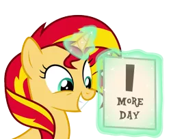 Size: 835x683 | Tagged: safe, artist:mohawgo, derpibooru import, sunset shimmer, pony, unicorn, countdown, glowing horn, magic, simple background, smiling, solo, transparent background