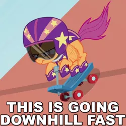 Size: 480x480 | Tagged: safe, derpibooru import, edit, edited screencap, screencap, scootaloo, pegasus, pony, bloom and gloom, cape, caption, clothes, cropped, determined, female, filly, flapping, foal, helmet, image macro, pun, ramp, reaction image, scooter, shoes, solo, squint, stars, stunt, visor, visual pun