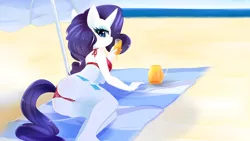 Size: 1920x1080 | Tagged: anthro, artist:chokico, beach, bikini, breasts, clothes, derpibooru import, edit, juice, rarity, solo, suggestive, swimsuit, underwear, wallpaper, wallpaper for the fearless