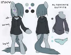 Size: 500x389 | Tagged: source needed, safe, artist:lonelycross, derpibooru import, marble pie, earth pony, pony, semi-anthro, bipedal, blue underwear, clothes, collar, female, hoodie, lonely inky, mare, panties, reference sheet, ribbon, solo, striped underwear, underwear