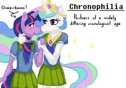 Size: 896x624 | Tagged: anthro, artist:sehad, big book of fetishes, clothes, derpibooru import, female, lesbian, misspelling, onee-sama, pixel art, princess celestia, school uniform, shipping, suggestive, twilestia, twilight sparkle