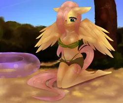 Size: 1024x858 | Tagged: adorasexy, anthro, artist:chokico, belly button, bikini, breasts, busty fluttershy, cleavage, clothes, cute, derpibooru import, female, fluttershy, hair over one eye, one eye closed, open fly, sexy, shorts, solo, solo female, suggestive, swimsuit