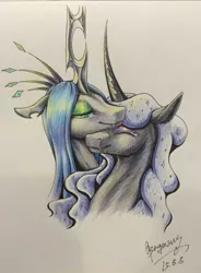 Size: 593x807 | Tagged: safe, artist:begasus, derpibooru import, nightmare moon, queen chrysalis, alicorn, changeling, changeling queen, pony, bust, chrysmoon, cute, cutealis, female, lesbian, mare, moonabetes, portrait, shipping, traditional art