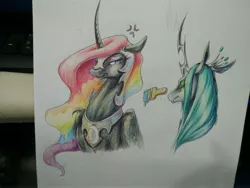 Size: 4160x3120 | Tagged: safe, artist:begasus, derpibooru import, nightmare moon, queen chrysalis, alicorn, changeling, changeling queen, pony, chrysmoon, cute, cutealis, duo, female, lesbian, mare, moonabetes, paintbrush, shipping, traditional art, wing claws