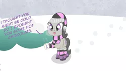 Size: 1920x1080 | Tagged: 8chan, artist:anonymous, clothes, cute, derpibooru import, hot chocolate, octavia melody, /pone/, safe, scarf, snow, tavibetes, winter