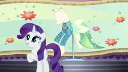 Size: 1280x720 | Tagged: safe, derpibooru import, screencap, rarity, pony, unicorn, canterlot boutique, clothes, dress, female, hoof on chest, mare, ponyquin, solo, water filly