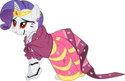 Size: 1600x1038 | Tagged: safe, artist:kanske-2099, derpibooru import, rarity, pony, robot, robot pony, unicorn, clothes, dress, female, gala dress, hooves, horn, jewelry, mare, open mouth, raised hoof, raribot, red eyes, simple background, solo, tiara, transparent background, vector