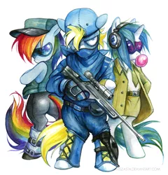 Size: 700x730 | Tagged: safe, artist:miszasta, derpibooru import, rainbow dash, vinyl scratch, oc, oc:yellow flash, pegasus, pony, unicorn, badass, bipedal, bubblegum, clothes, female, glasses, gun, hooves, horn, looking at you, mare, optical sight, plot, rifle, simple background, sniper rifle, sunglasses, traditional art, watercolor painting, weapon, white background