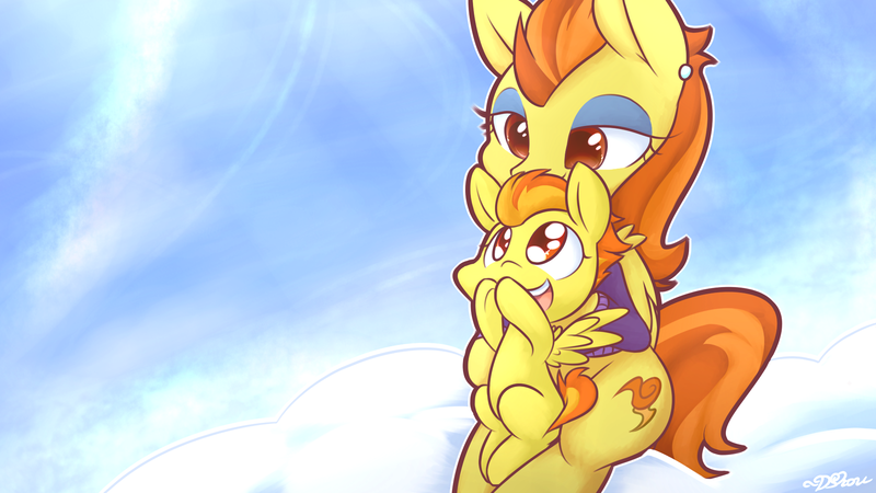 Size: 1920x1080 | Tagged: safe, artist:dshou, derpibooru import, spitfire, stormy flare, pegasus, pony, rarity investigates, bedroom eyes, cloud, cloudy, cute, cutefire, daaaaaaaaaaaw, ear piercing, eyeshadow, female, filly, hnnng, lap, lidded eyes, looking up, makeup, mare, mother and daughter, open mouth, piercing, sitting, smiling, that was fast, younger