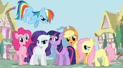 Size: 900x500 | Tagged: dead source, safe, artist:felisvulpes, derpibooru import, applejack, fluttershy, pinkie pie, rainbow dash, rarity, twilight sparkle, earth pony, pony, the return of harmony, earth pony fluttershy, earth pony rainbow dash, earth pony rarity, earth pony twilight, levitation, magic, mane six, race swap