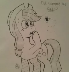 Size: 1280x1328 | Tagged: applejack, artist:notenoughapples, bee, derpibooru import, monochrome, safe, sketch, solo, traditional art