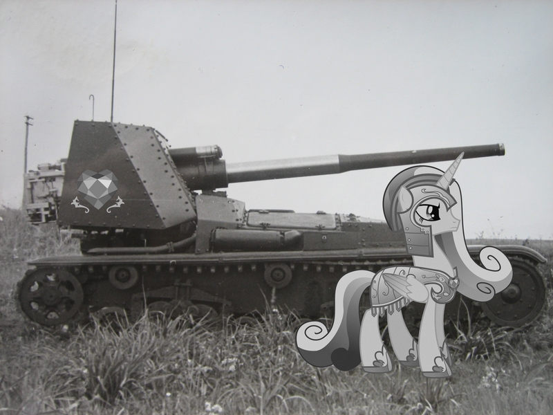 Size: 2592x1944 | Tagged: armor, artist:kohlenklau, artist:theshadowstone, black and white, derpibooru import, edit, grayscale, irl, monochrome, photo, ponies in real life, princess cadance, safe, self-propelled gun, semovente 90/53, world war ii