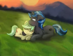 Size: 1019x784 | Tagged: :3, artist:teschke, cuddling, cute, derpibooru import, fallout equestria, grass, oc, oc:homage, oc:iris, prone, safe, shipping, snuggling, sunset, unofficial characters only
