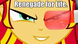 Size: 1920x1080 | Tagged: safe, derpibooru import, edit, sunset shimmer, equestria girls, dragonball z abridged, mass effect, photoshop, renegade, renegade for life, scouter, smiling, solo