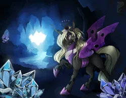 Size: 1280x1000 | Tagged: artist:casynuf, cave, changeling, changeling queen, changeling queen oc, crystal, derpibooru import, fangs, female, looking at you, mare, oc, oc:queen vaspira, purple changeling, raised hoof, safe, solo, spread wings, unofficial characters only, wings