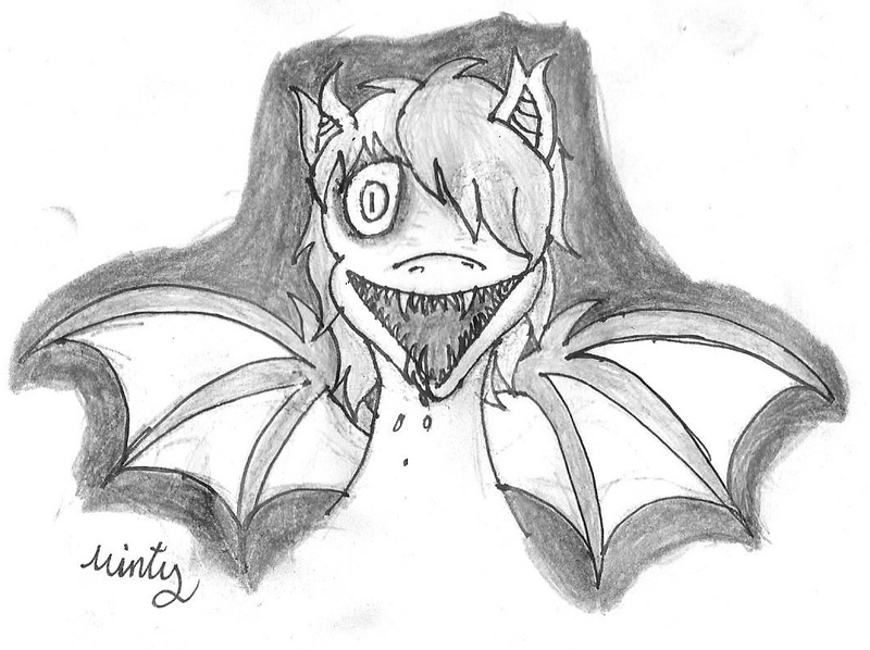 Size: 1052x786 | Tagged: semi-grimdark, artist:mintychip, derpibooru import, oc, oc:cherry doodle, unofficial characters only, bat pony, pony, monochrome, sharp teeth, solo, traditional art