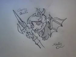 Size: 960x720 | Tagged: safe, artist:mintychip, derpibooru import, oc, oc:cherry doodle, unofficial characters only, bat pony, pony, dragoon, final fantasy xiv, freckles, gae bolg, monochrome, solo, traditional art