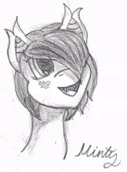 Size: 573x777 | Tagged: safe, artist:mintychip, derpibooru import, oc, oc:cherry doodle, unofficial characters only, bat pony, pony, fangs, freckles, monochrome, solo, traditional art