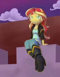 Size: 1024x1325 | Tagged: safe, artist:sycotei-b, derpibooru import, sunset shimmer, equestria girls, my past is not today, rainbow rocks, canterlot high, clothes, leather jacket, rooftop, scene interpretation, signature, sitting, solo