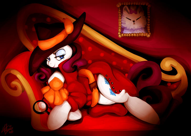 Size: 1280x911 | Tagged: artist:shivall, clothes, couch, derpibooru import, detective, detective rarity, hat, looking at you, magnifying glass, noir, rarity, rarity investigates, safe, scene interpretation, signature, solo