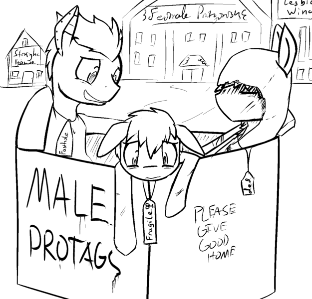 Size: 1351x1296 | Tagged: artist:erthilo, cardboard box, dead, derpibooru import, fallout equestria, fallout equestria: gardener, fallout equestria: murky number seven, fallout equestria: outlaw, /foe/, monochrome, oc, oc:gardener, oc:mach, oc:murky, semi-grimdark, unofficial characters only