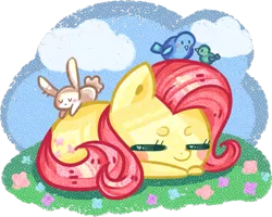 Size: 1024x819 | Tagged: safe, artist:kyaokay, derpibooru import, angel bunny, fluttershy, bird, rabbit, blushing, blush sticker, cute, eyes closed, heart, heart eyes, nap, pointillism, shyabetes, simple background, sleeping, smiling, solo, transparent background, wingding eyes