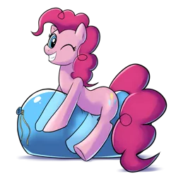 Size: 1357x1399 | Tagged: safe, artist:goshaag, derpibooru import, pinkie pie, earth pony, pony, balloon, balloon fetish, balloon riding, balloon sitting, female, fetish, one eye closed, simple background, solo, transparent background, wink