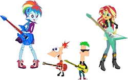 Size: 11329x7116 | Tagged: dead source, safe, artist:birdalliance, derpibooru import, rainbow dash, sunset shimmer, equestria girls, friendship through the ages, rainbow rocks, 80s, absurd resolution, bass guitar, clothes, crossover, disney, electric guitar, ferb fletcher, flying v, group, guitar, guitar pick, guitars, high heel boots, leather jacket, looking at each other, musical instrument, necklace, open mouth, phineas and ferb, phineas flynn, playing, rainbow punk, rockin' hair, sunglasses