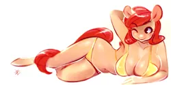 Size: 1280x634 | Tagged: anthro, armpits, artist:lizombie, bikini, breasts, clothes, derpibooru import, female, oc, oc:papaya, simple background, solo, solo female, suggestive, swimsuit, unguligrade anthro, unofficial characters only, white background