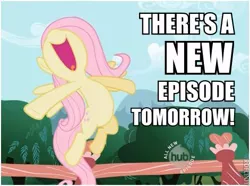 Size: 471x350 | Tagged: safe, derpibooru import, fluttershy, pegasus, pony, female, flying, happy, hub logo, hype, impact font, mare, new episode, solo, text, the hub