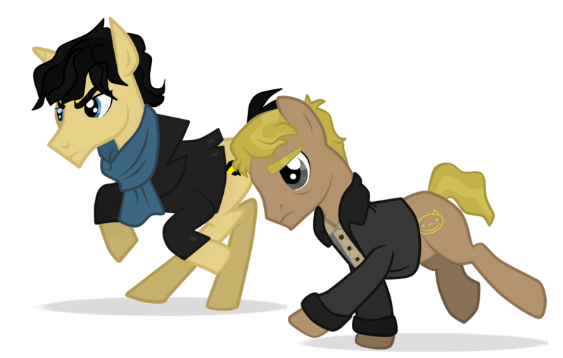 Size: 2200x1400 | Tagged: safe, artist:toxickittycat, derpibooru import, ponified, pony, rarity investigates, clothes, crossover, duo, john watson, jossed, reference, running, scarf, sherlock holmes, simple background, transparent background, vector