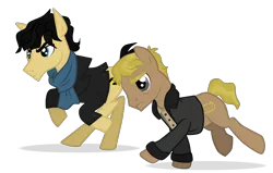 Size: 2200x1400 | Tagged: safe, artist:toxickittycat, derpibooru import, ponified, pony, rarity investigates, clothes, crossover, duo, john watson, jossed, reference, running, scarf, sherlock holmes, simple background, transparent background, vector