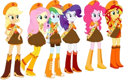 Size: 15284x9891 | Tagged: dead source, safe, artist:birdalliance, derpibooru import, applejack, fluttershy, pinkie pie, rainbow dash, rarity, sunset shimmer, equestria girls, absurd resolution, clothes, crossover, disney, fireside girls, freckles, group, humane five, humane six, phineas and ferb, simple background, transparent background, uniform, vector