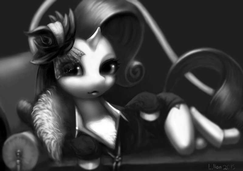 Size: 1920x1357 | Tagged: artist:doll, bedroom eyes, clothes, derpibooru import, draw me like one of your french girls, fainting couch, looking at you, monochrome, rarity, rarity investigates, safe, side, smiling, solo