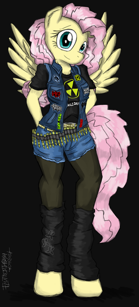 Size: 1200x2636 | Tagged: alternate hairstyle, anthrax, anthro, artist:flutterthrash, breasts, bullet belt, clothes, derpibooru import, female, fluttershy, jacket, leg warmers, patches, remake, rock, safe, solo, spread wings, thrash metal, unguligrade anthro