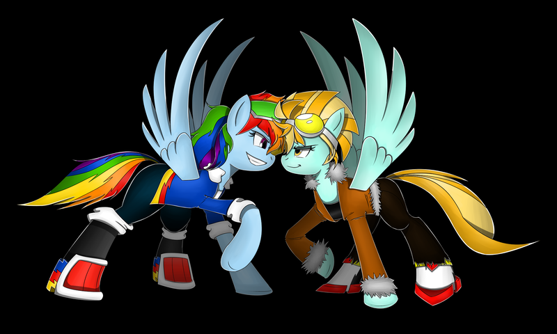 Size: 2000x1200 | Tagged: safe, artist:flam3zero, derpibooru import, lightning dust, rainbow dash, clothes, cosplay, costume, crossover, image, png, shadow the hedgehog, sonic adventure 2, sonic the hedgehog, sonic the hedgehog (series)
