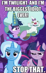 Size: 624x983 | Tagged: safe, derpibooru import, opalescence, trixie, twilight sparkle, pony, unicorn, clerks, clerks the animated series, dunce hat, female, hat, image macro, kevin smith, mare, meme