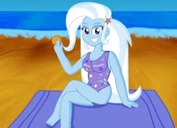 Size: 2538x1839 | Tagged: safe, artist:cyber-murph, derpibooru import, trixie, equestria girls, beach, breasts, busty trixie, clothes, female, hilarious in hindsight, one-piece swimsuit, solo, swimsuit