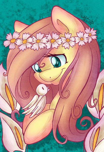 Size: 1280x1860 | Tagged: artist:abbystarling, bird, derpibooru import, floral head wreath, flower, fluttershy, safe, solo