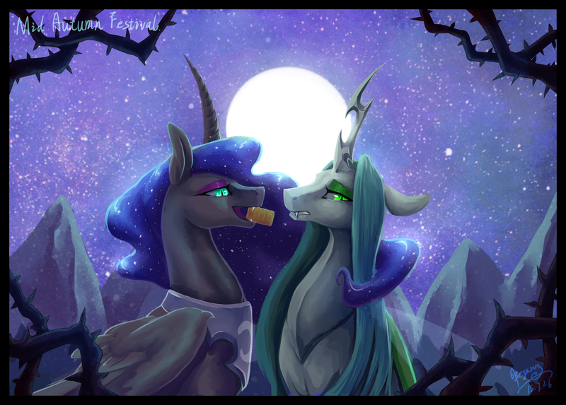 Size: 3625x2598 | Tagged: source needed, safe, artist:begasus, derpibooru import, nightmare moon, queen chrysalis, alicorn, changeling, changeling queen, pony, chrysmoon, cute, cutealis, female, lesbian, mare, mid-autumn festival, moonabetes, mooncake, shipping