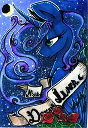 Size: 974x1416 | Tagged: artist:ulkuchi, crescent moon, derpibooru import, design, portrait, princess luna, rose, safe, solo