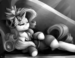 Size: 1024x800 | Tagged: safe, artist:iponylover, derpibooru import, rarity, rarity investigates, fainting couch, grayscale, lounge, monochrome, solo