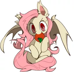 Size: 659x641 | Tagged: safe, artist:dilandau203, derpibooru import, fluttershy, bat pony, pony, apple, cute, female, flutterbat, looking at you, mare, mouth hold, nom, shyabates, shyabetes, simple background, sitting, smirk, solo, spread wings, white background