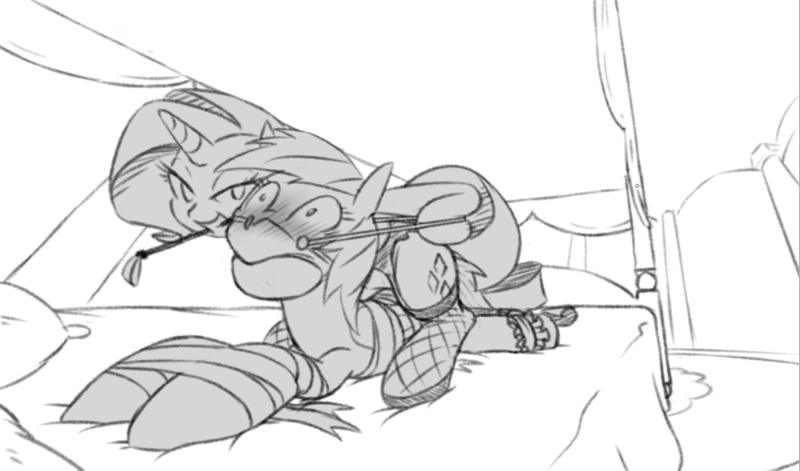 Size: 836x492 | Tagged: questionable, artist:raridashdoodles, derpibooru import, rainbow dash, rarity, pegasus, pony, unicorn, blushing, bondage, domination, female, fishnets, lesbian, mare, monochrome, raridash, saddle, shipping, sketch, whip