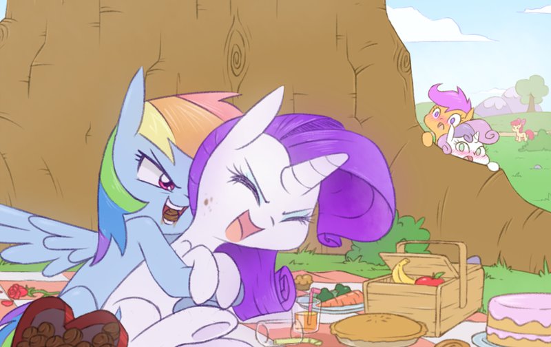 Size: 1084x683 | Tagged: safe, artist:raridashdoodles, derpibooru import, apple bloom, rainbow dash, rarity, scootaloo, sweetie belle, earth pony, pegasus, pony, unicorn, blushing, bow, chocolate, cutie mark crusaders, date, eyes closed, female, filly, hair bow, lesbian, mare, open mouth, peeping, picnic, playing, raridash, shipping, voyeur, voyeurism