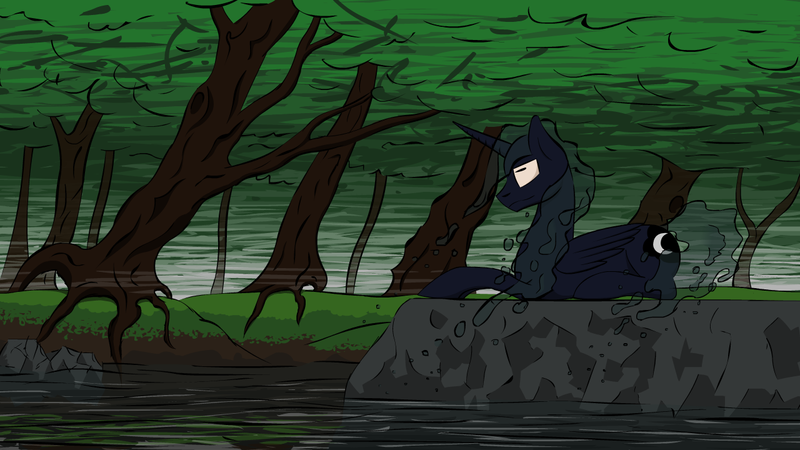 Size: 1280x720 | Tagged: artist:tuzzman, derpibooru import, fog, forest, lake, princess luna, safe, solo, water, waterluna