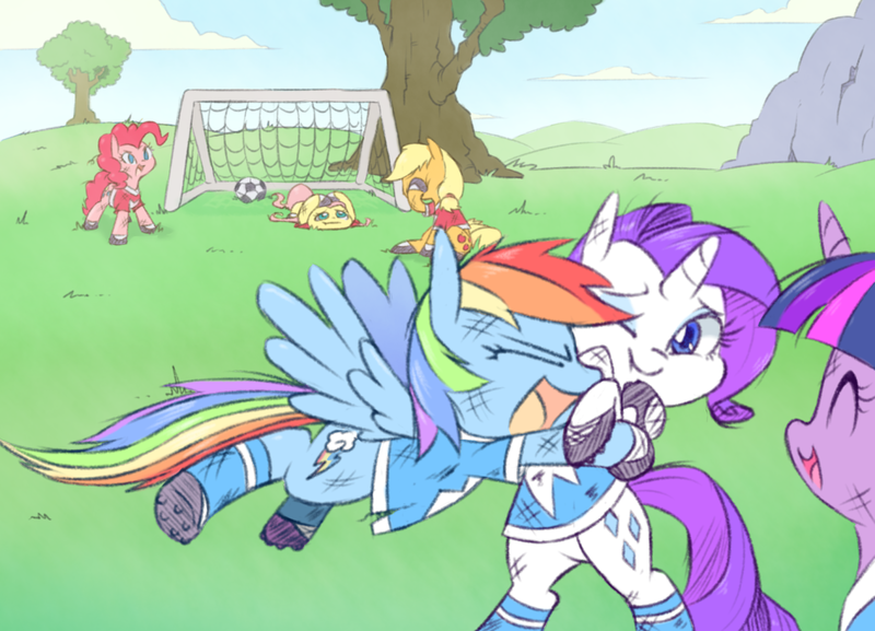 Size: 1280x923 | Tagged: safe, artist:raridashdoodles, derpibooru import, applejack, fluttershy, pinkie pie, rainbow dash, rarity, twilight sparkle, earth pony, pegasus, pony, unicorn, clothes, cloud, eyes closed, female, football, grass, hug, mane six, mare, one eye closed, open mouth, sky, sports, tree