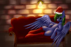 Size: 1280x853 | Tagged: artist:xormak, clothes, couch, derpibooru import, hat, looking at you, oc, safe, santa hat, socks, solo, spread wings, unofficial characters only